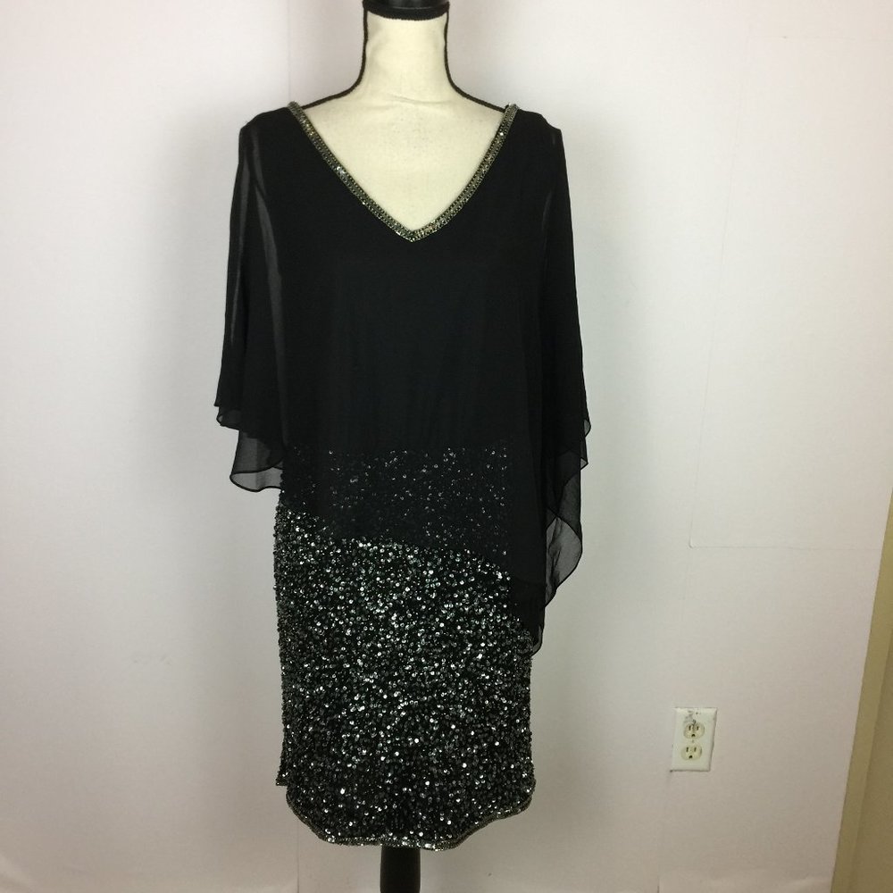J Kara Overlay Sheath Dress Size 6 Womens Black Caplet Cocktail Beaded V-neck